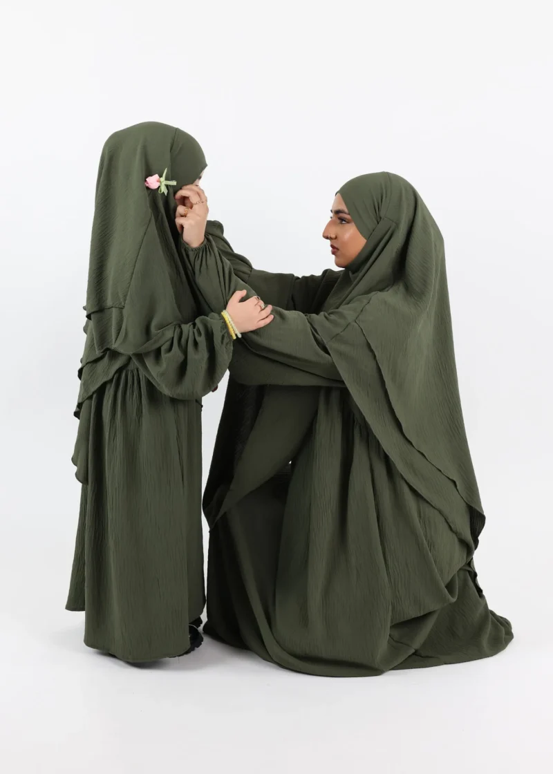 Kids Abaya and Khimar Set 2-Layer Puff Sleeve - Khaki