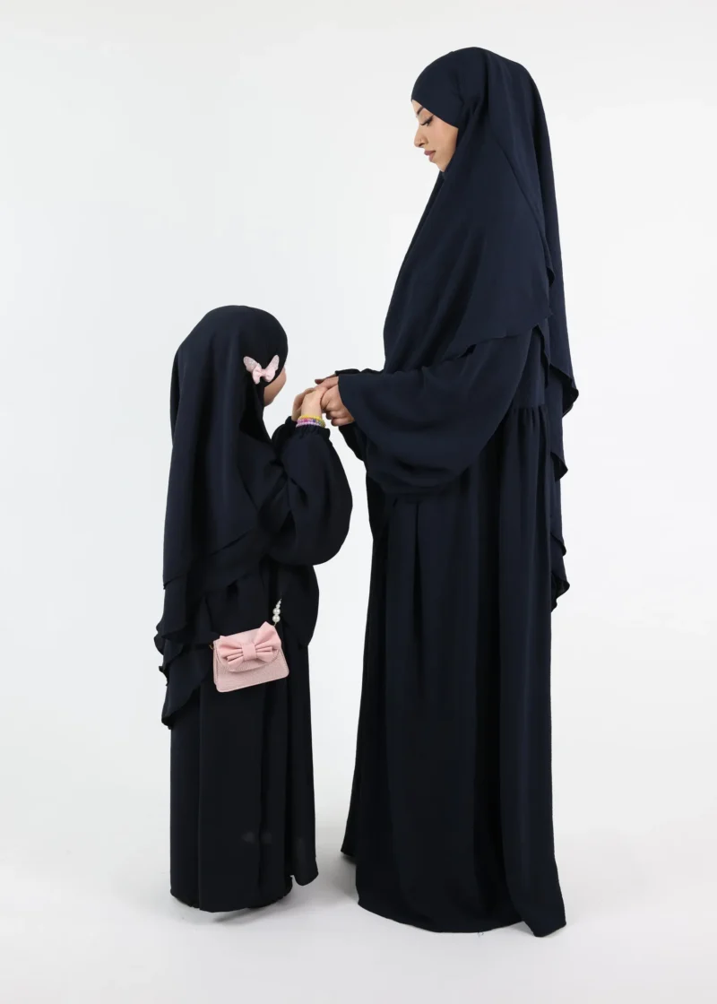 Kids Abaya and Khimar Set 2-Layer Puff Sleeve - Navy