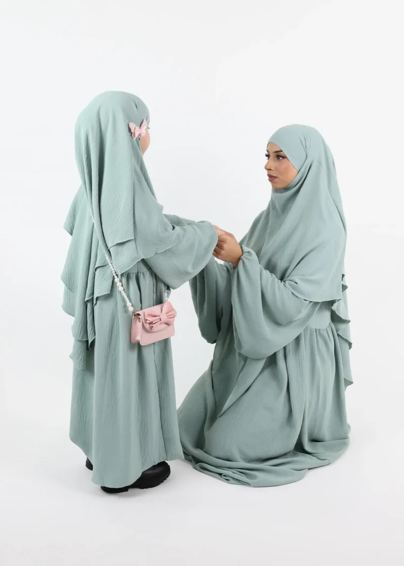 Alternative view of Kids Abaya and Khimar Set 2-Layer Puff Sleeve - Water Green