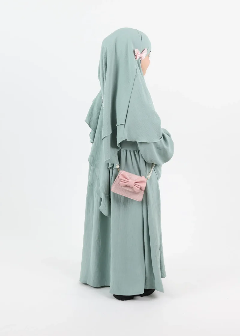 Kids Abaya and Khimar Set 2-Layer Puff Sleeve - Water Green