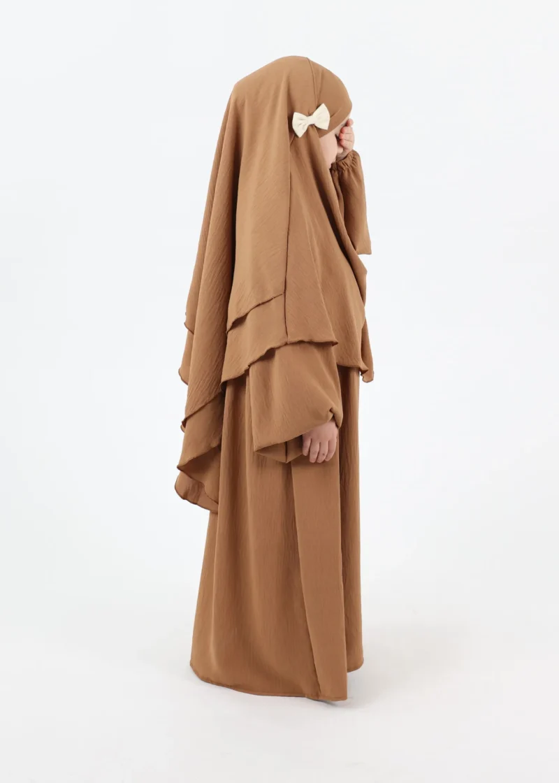 Kids Abaya and Khimar Set 2-Layer Puff Sleeve - Dark Camel