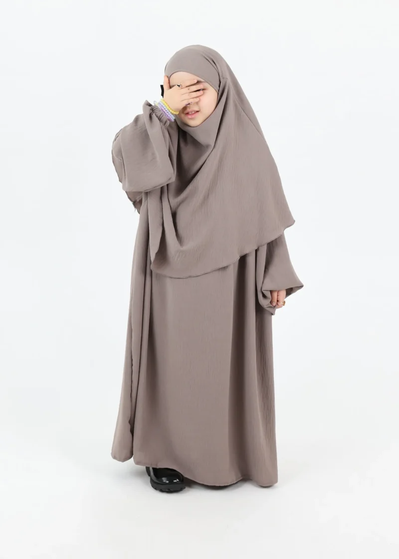 Alternative view of Kids Abaya and Khimar Set 2-Layer Puff Sleeve - Taupe