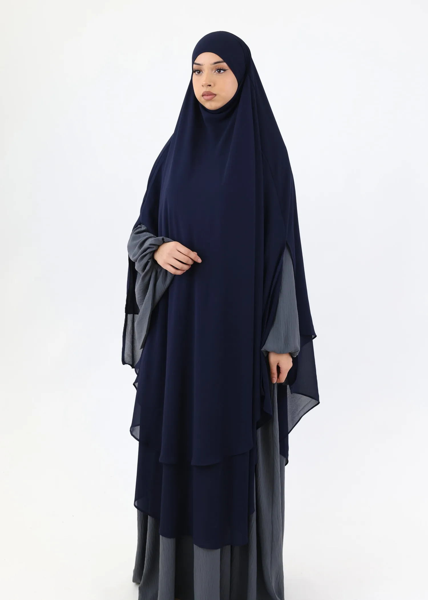 Maxi Khimar Cape Hayba 2 Layer Chiffon - Navy