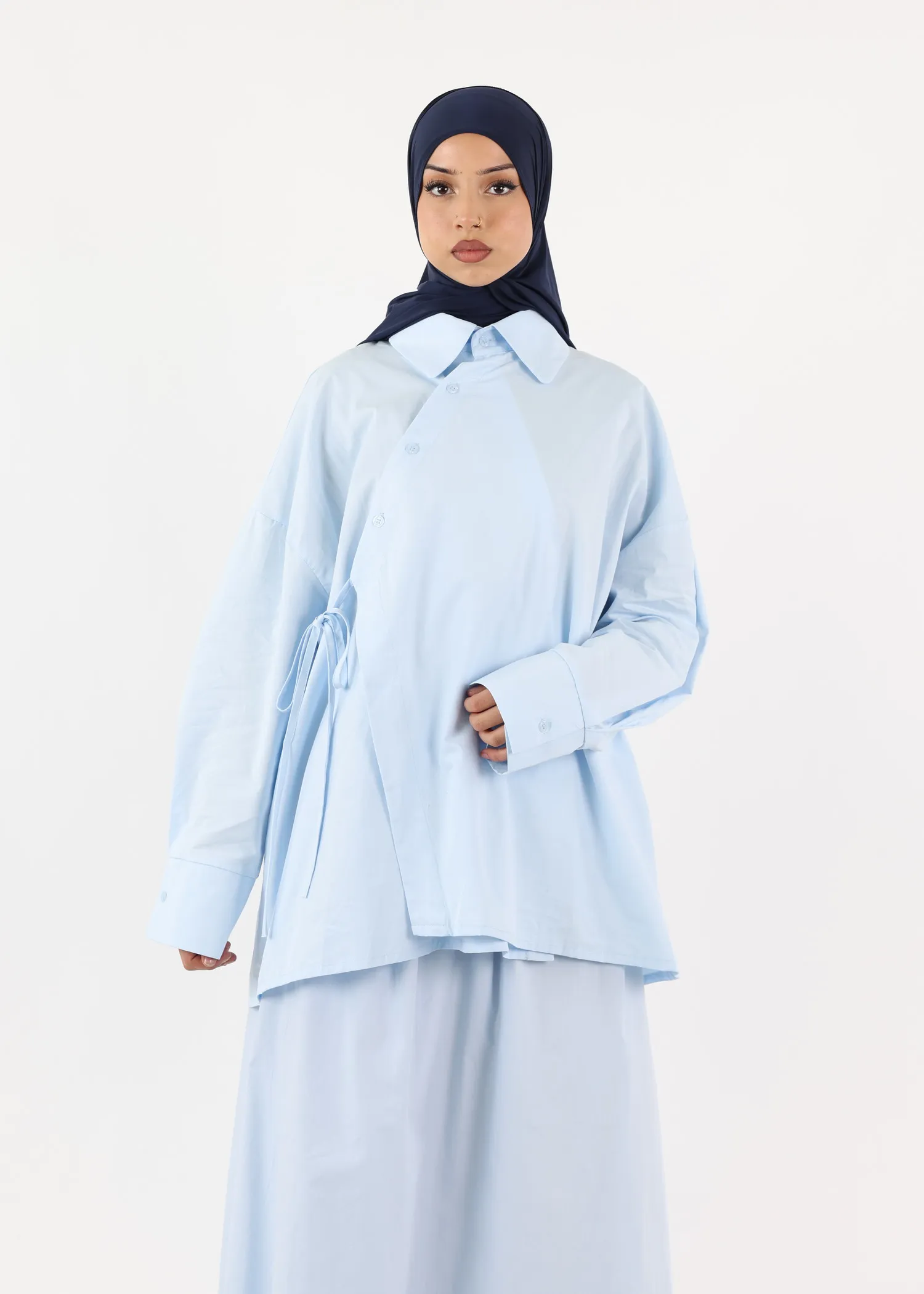 Asymmetric Modest Cotton Shirt – Pastel Blue