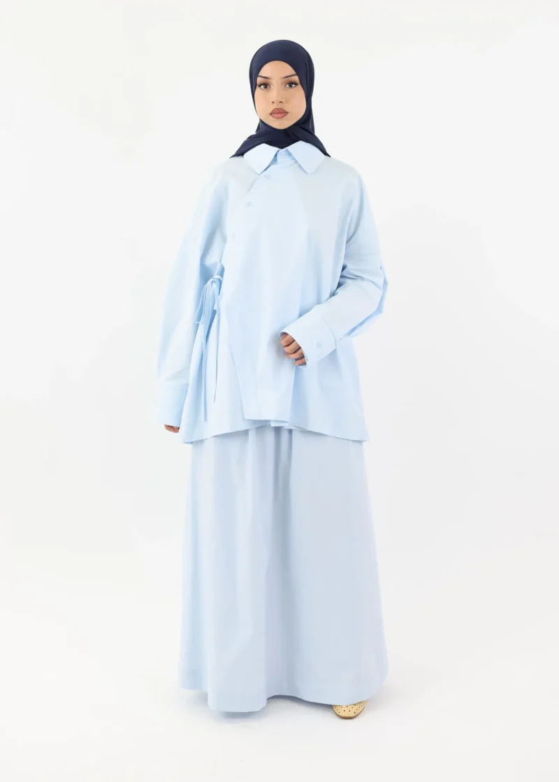 Alternative view of Asymmetric Modest Cotton Shirt – Pastel Blue