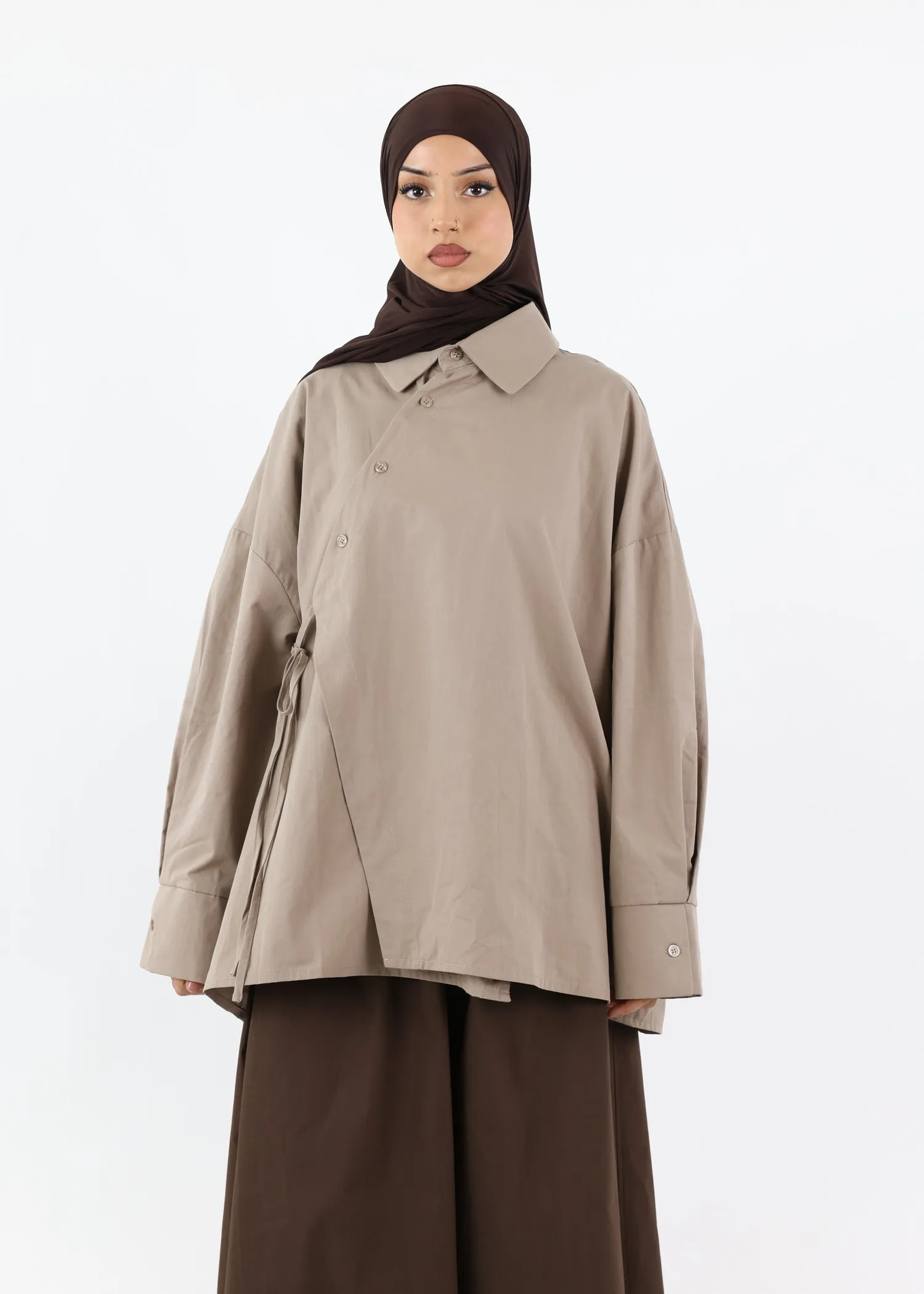 Asymmetric Modest Cotton Shirt – Taupe