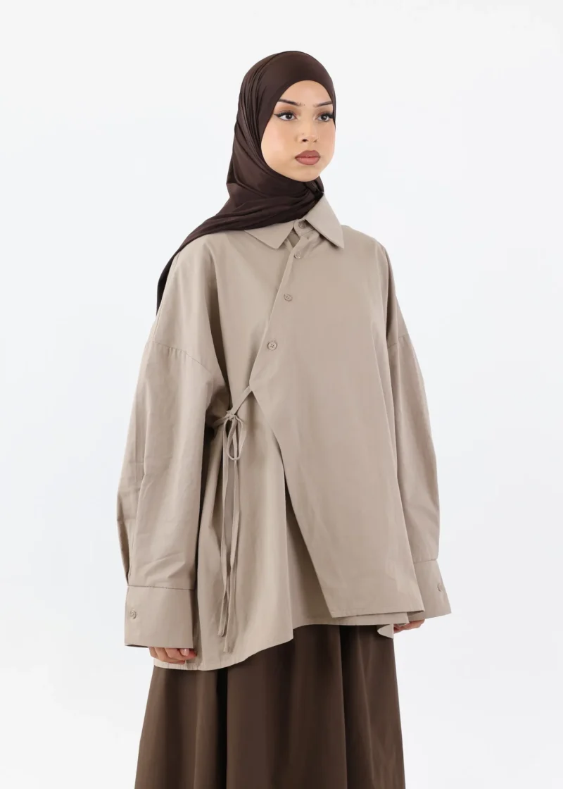 Alternative view of Asymmetric Modest Cotton Shirt – Taupe