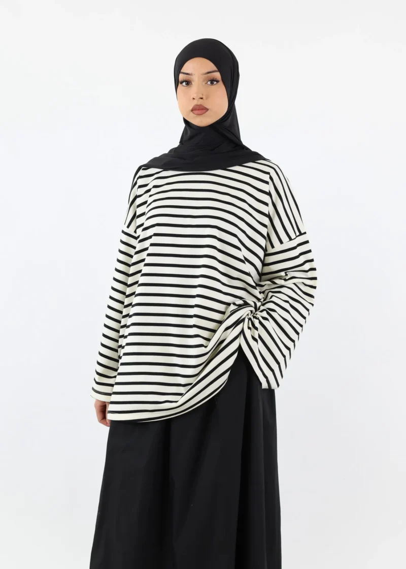 Modest Long Sleeve Striped Cotton T-Shirt – Black