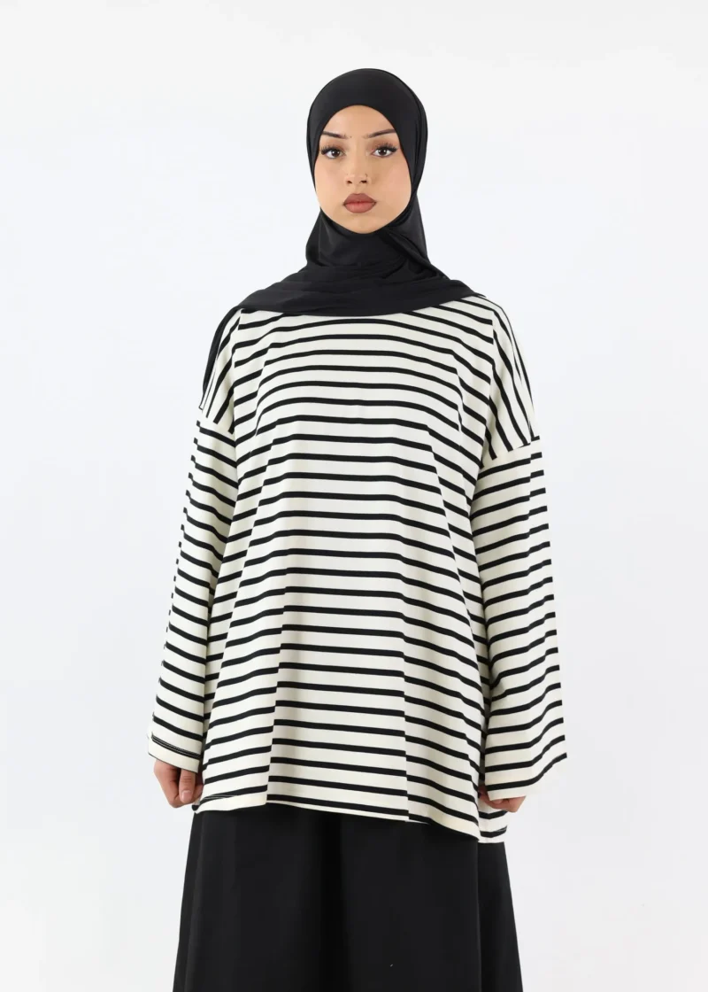 Alternative view of Modest Long Sleeve Striped Cotton T-Shirt – Black