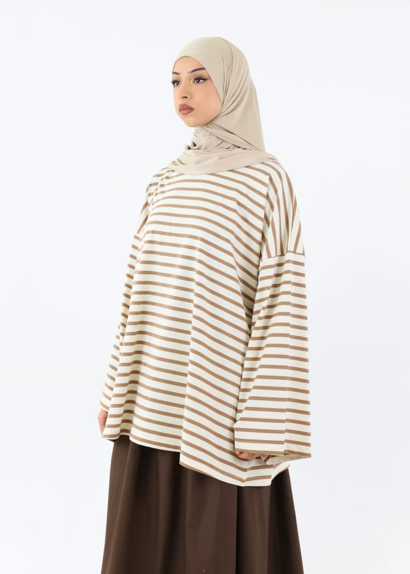 Modest Long Sleeve Striped Cotton T-Shirt – Brown Taupe