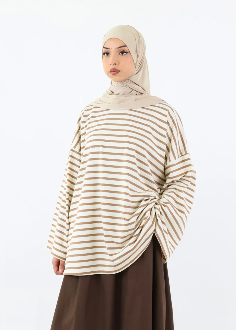 Alternative view of Modest Long Sleeve Striped Cotton T-Shirt – Brown Taupe