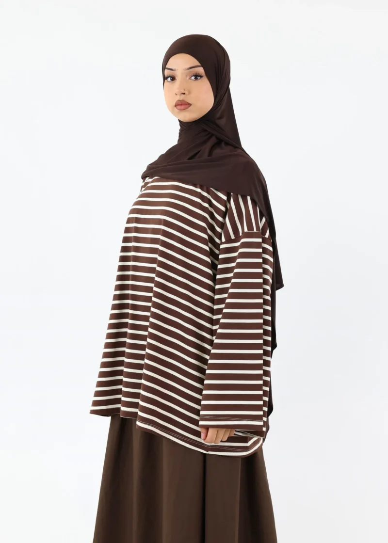 Modest Long Sleeve Striped Cotton T-Shirt – Coffee