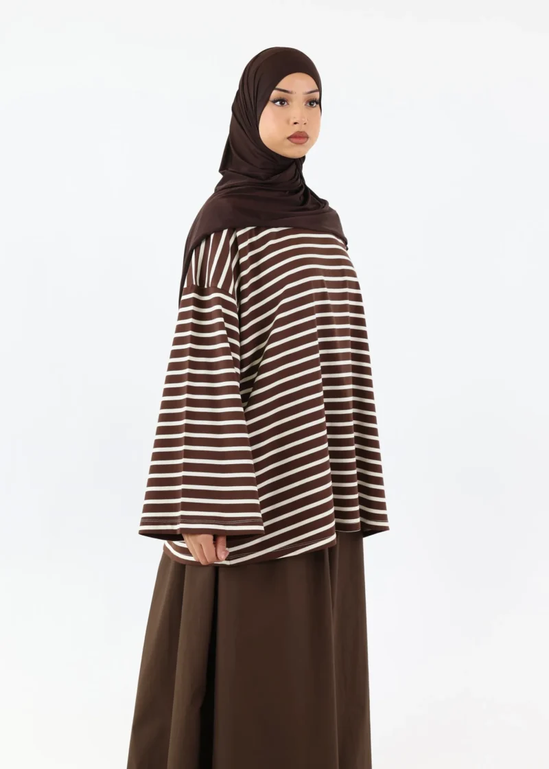 Alternative view of Modest Long Sleeve Striped Cotton T-Shirt – Coffee