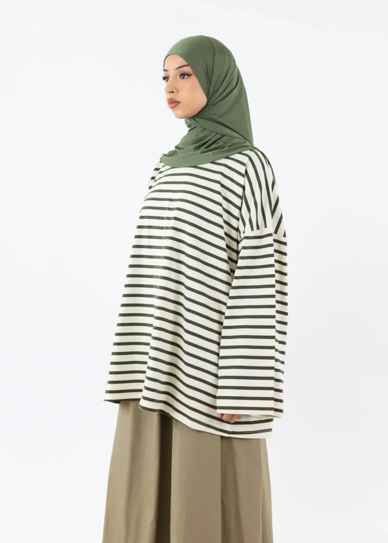 Modest Long Sleeve Striped Cotton T-Shirt – Dark Olive