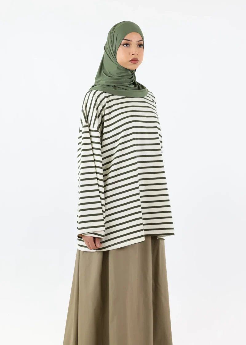 Alternative view of Modest Long Sleeve Striped Cotton T-Shirt – Dark Olive