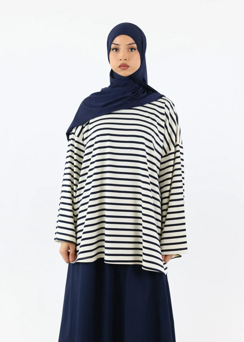 Alternative view of Modest Long Sleeve Striped Cotton T-Shirt – Navy