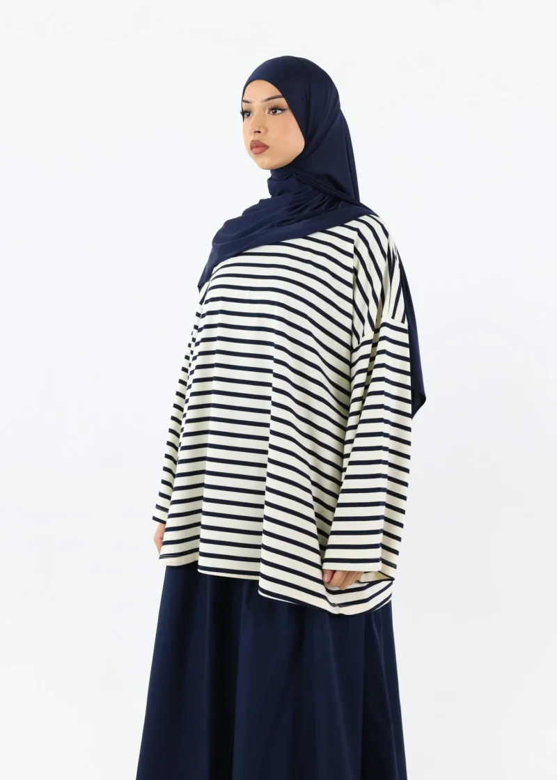 Modest Long Sleeve Striped Cotton T-Shirt – Navy