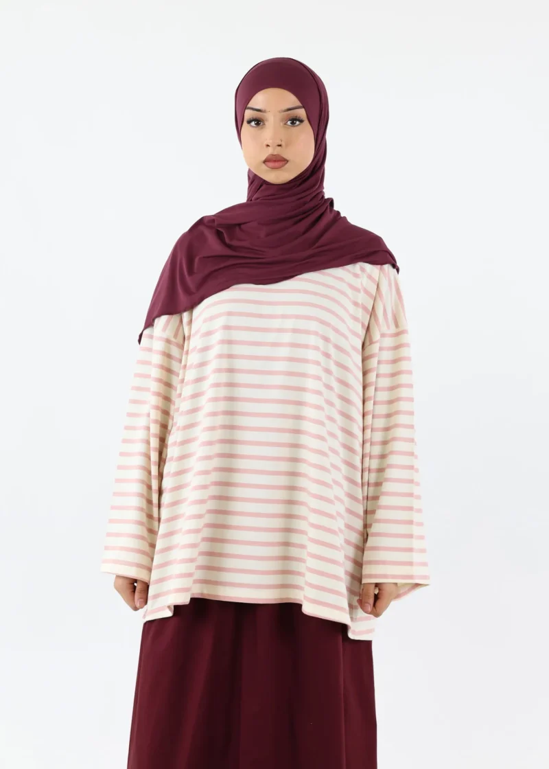 Alternative view of Modest Long Sleeve Striped Cotton T-Shirt – Pink