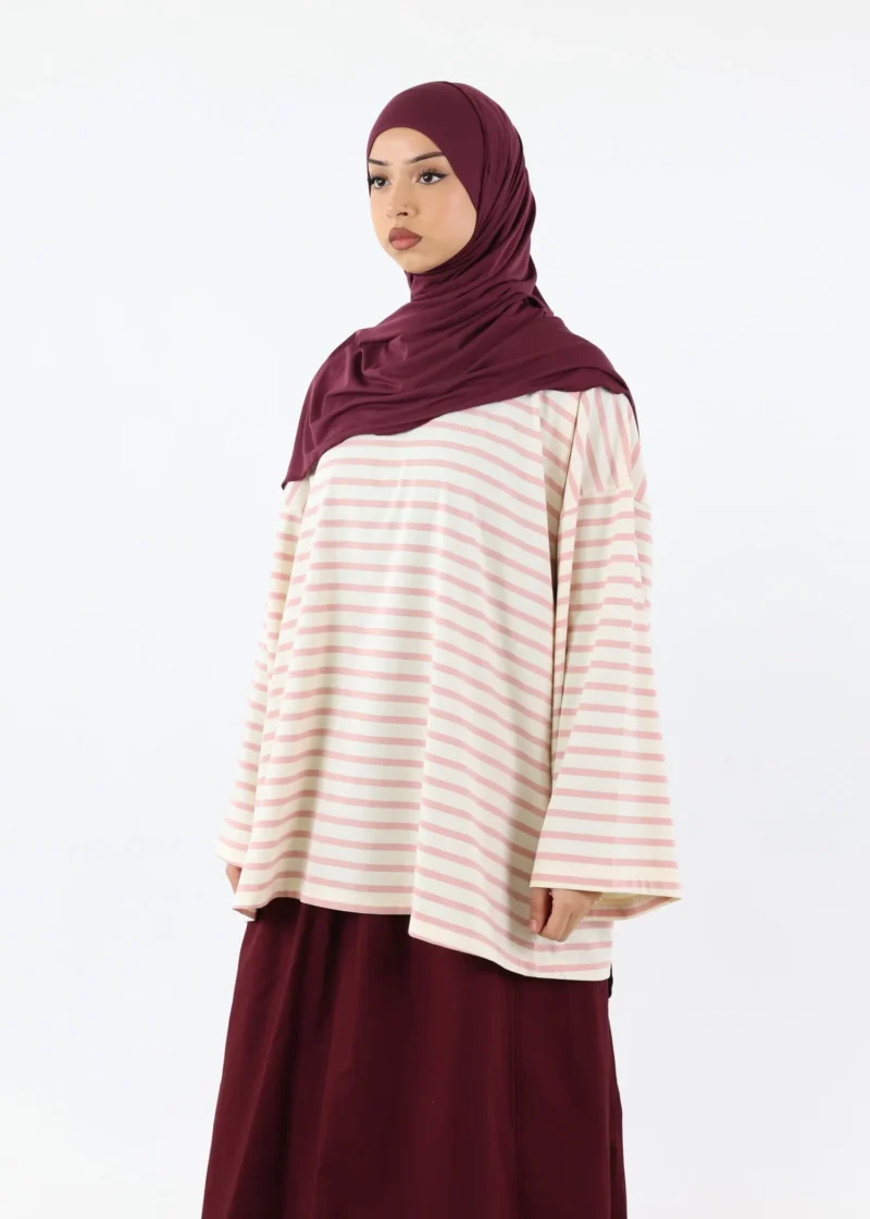 Modest Long Sleeve Striped Cotton T-Shirt – Pink