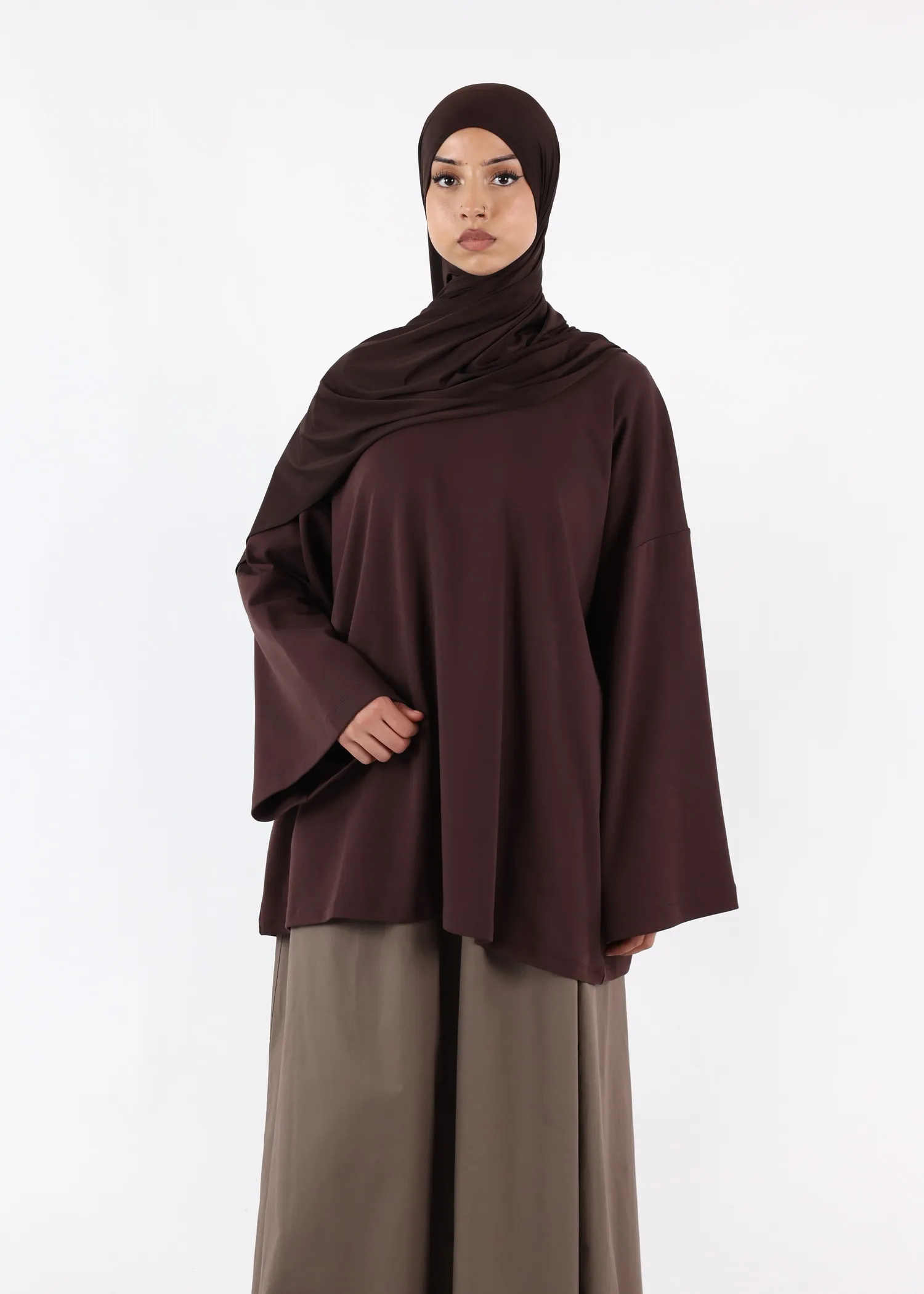 Long Sleeves Modest T-Shirt - Cotton - Coffee