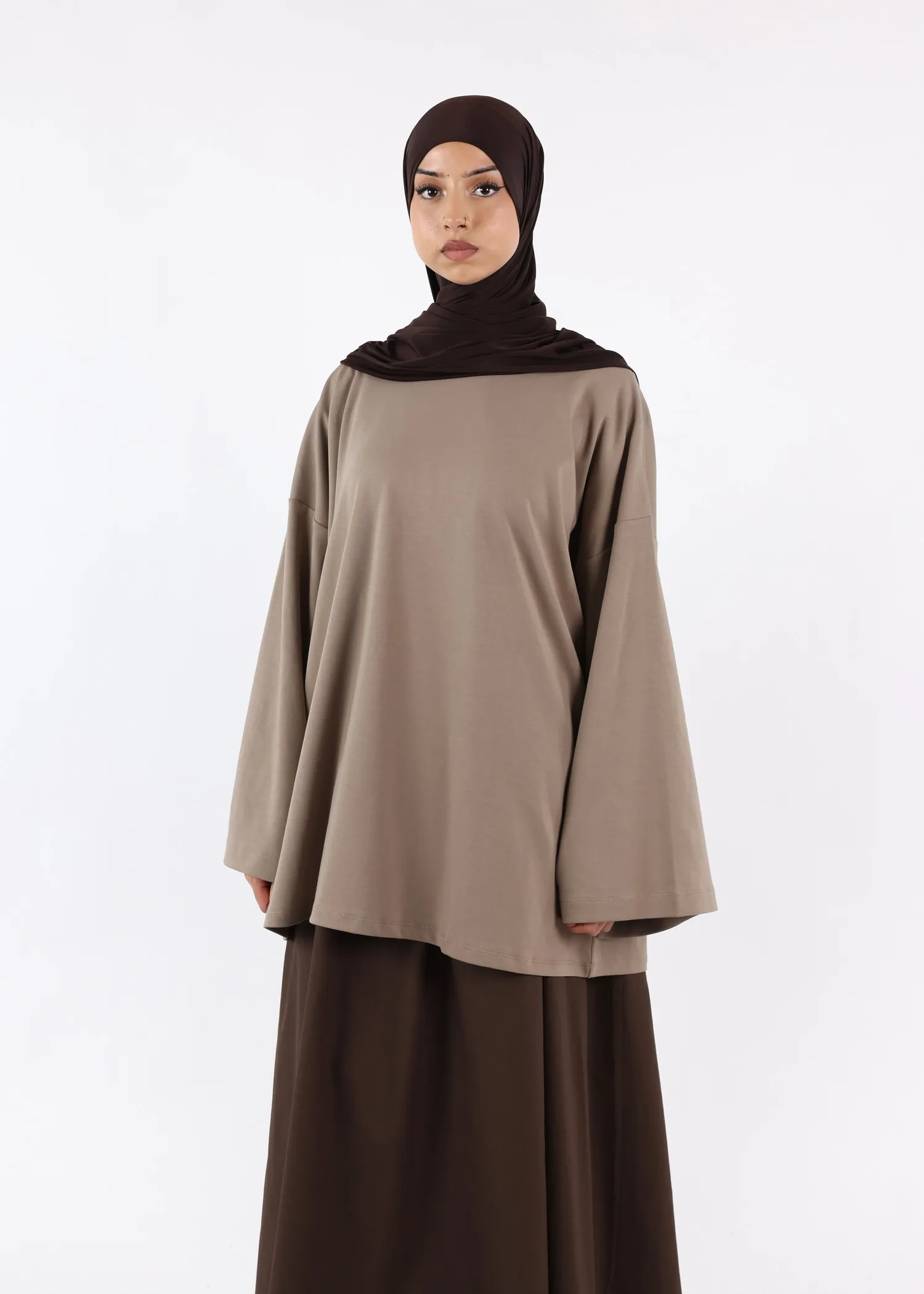 Long Sleeves Modest T-Shirt - Cotton - Taupe