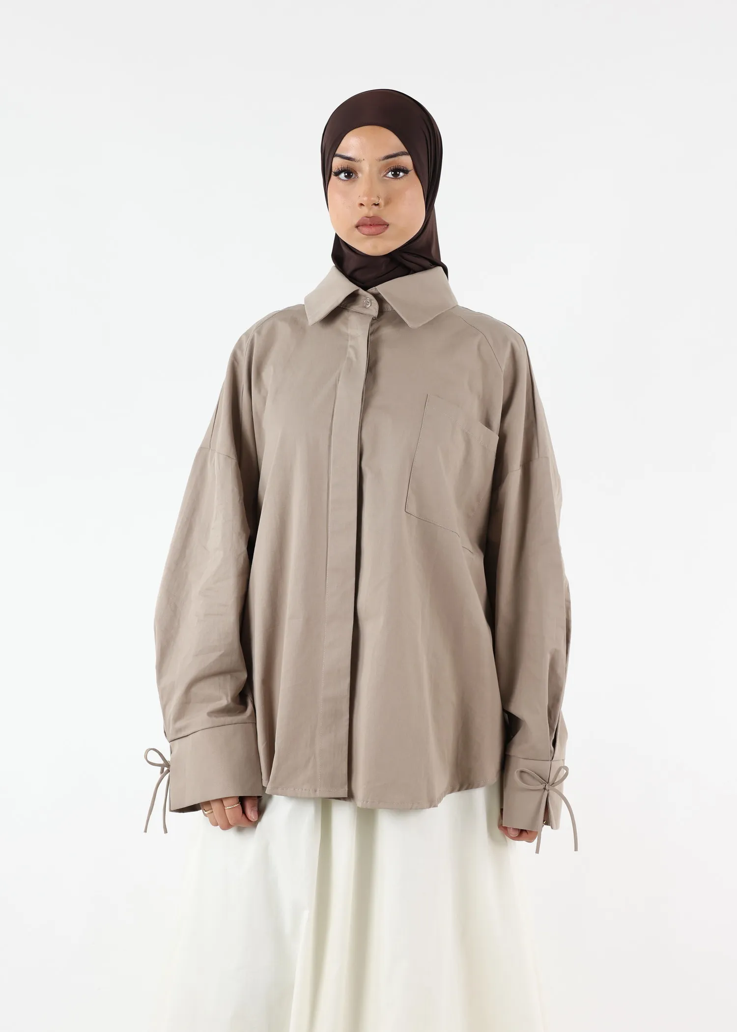 Modest Oversized Cotton Shirt – Taupe