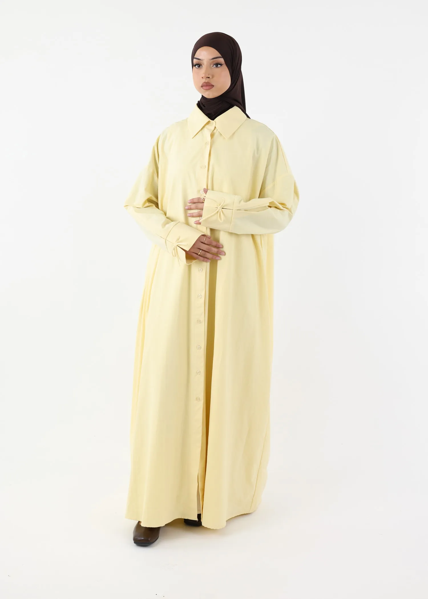 Shirt Dress Abaya – Cotton – Butter Yellow