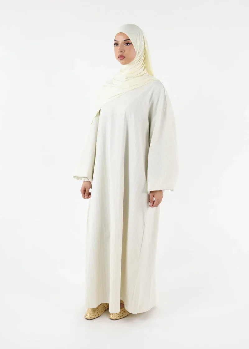 Striped Balloon Sleeve Dress Abaya – Cream