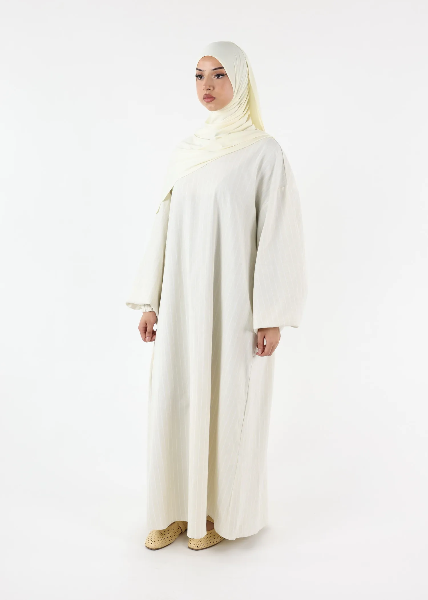 Striped Balloon Sleeve Dress Abaya – Cream