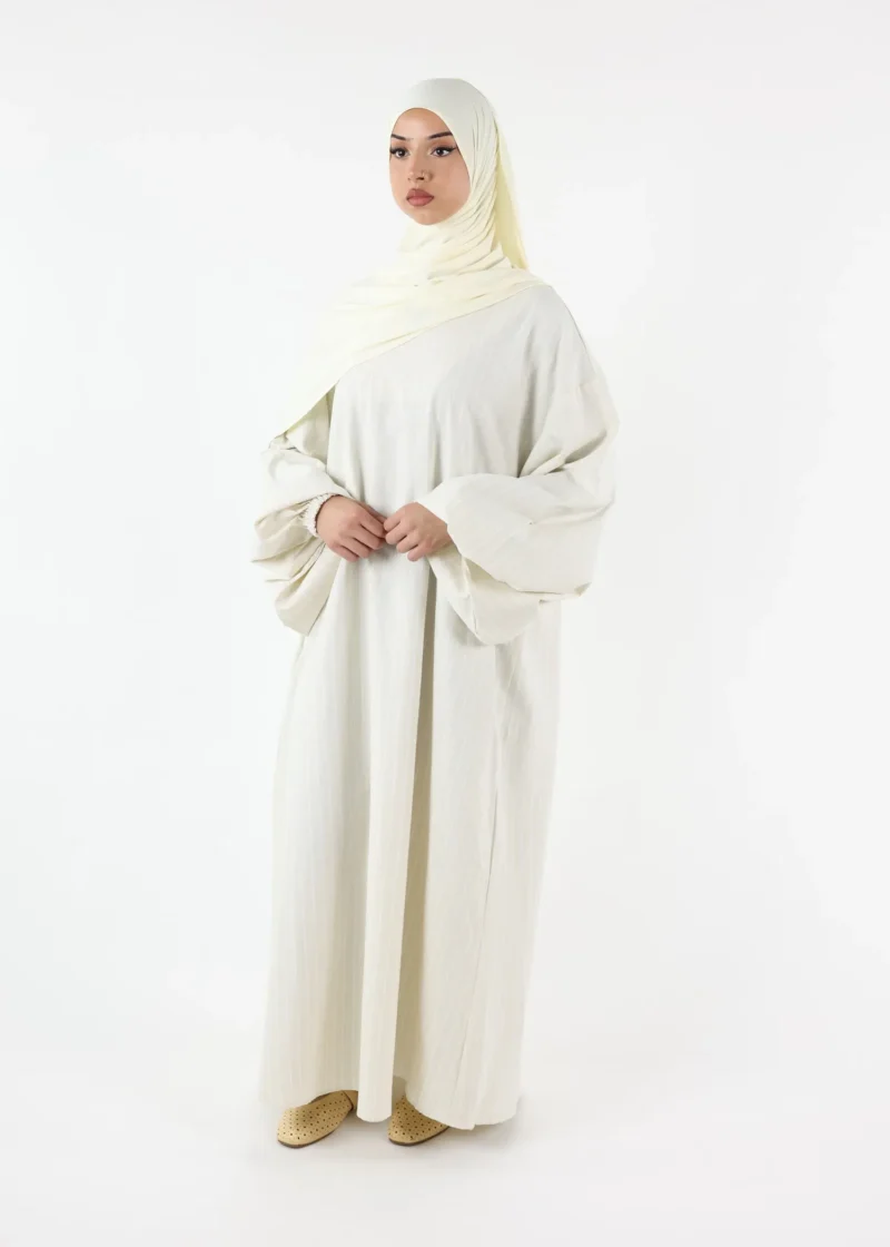 Alternative view of Striped Balloon Sleeve Dress Abaya – Cream