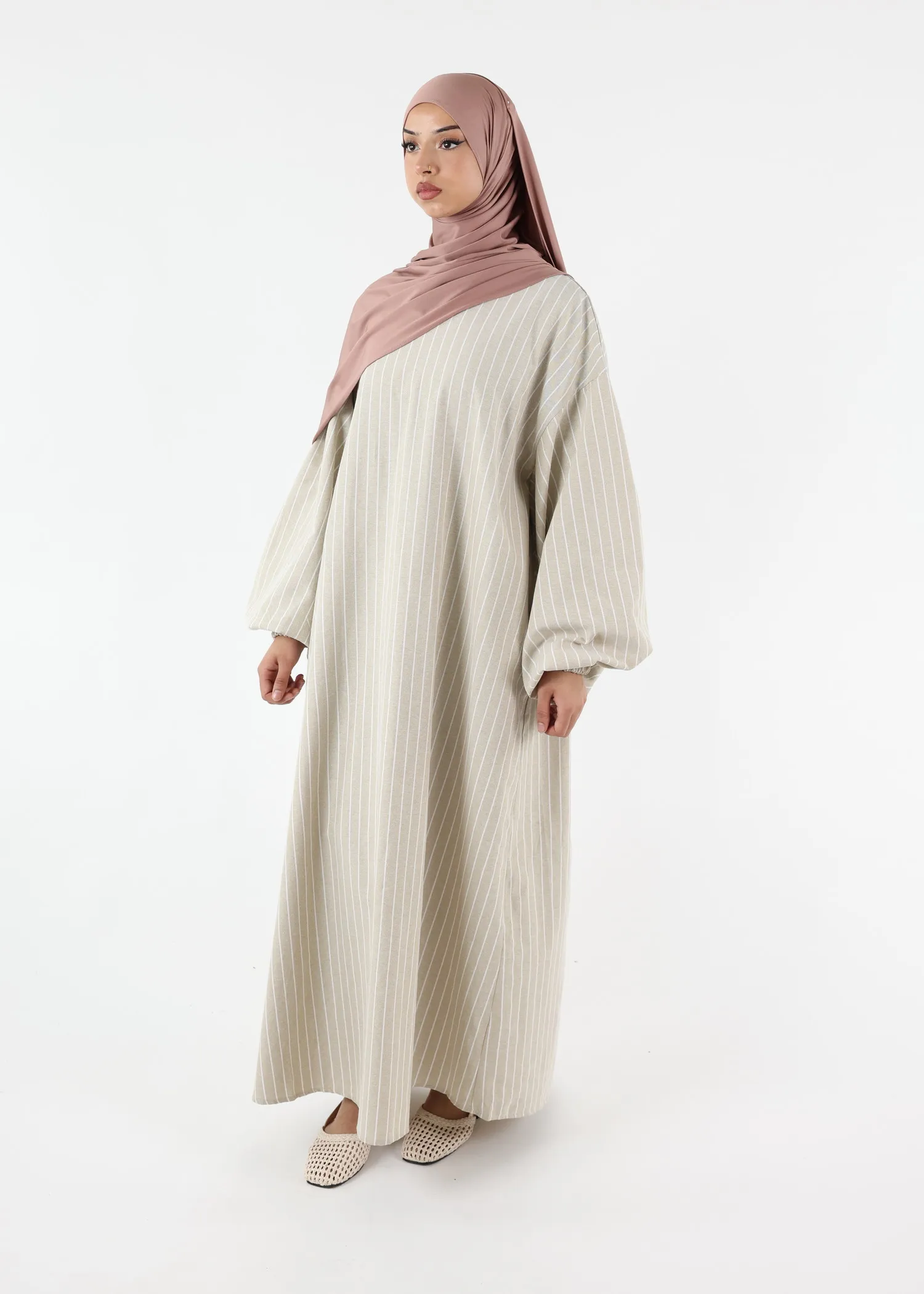 Striped Balloon Sleeve Dress Abaya – Light Taupe