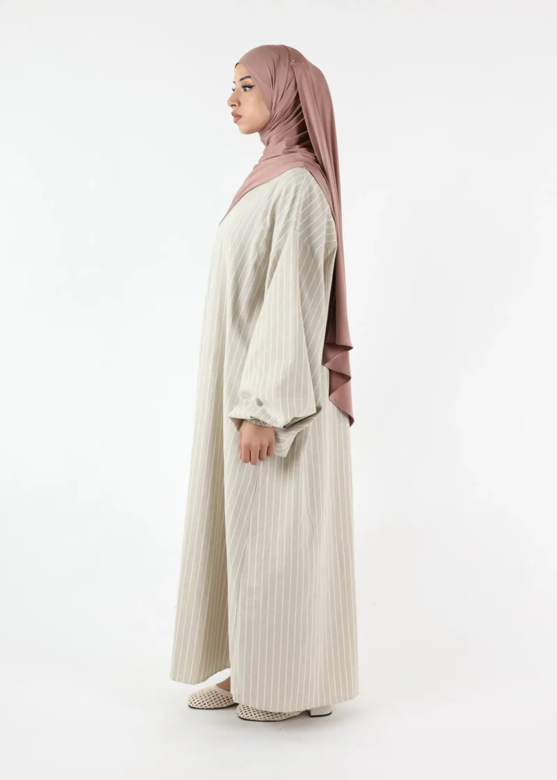 Alternative view of Striped Balloon Sleeve Dress Abaya – Light Taupe