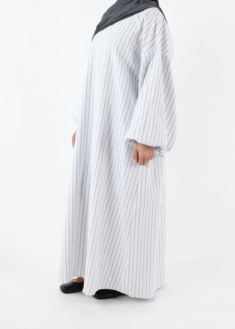 Alternative view of Striped Balloon Sleeve Dress Abaya – White