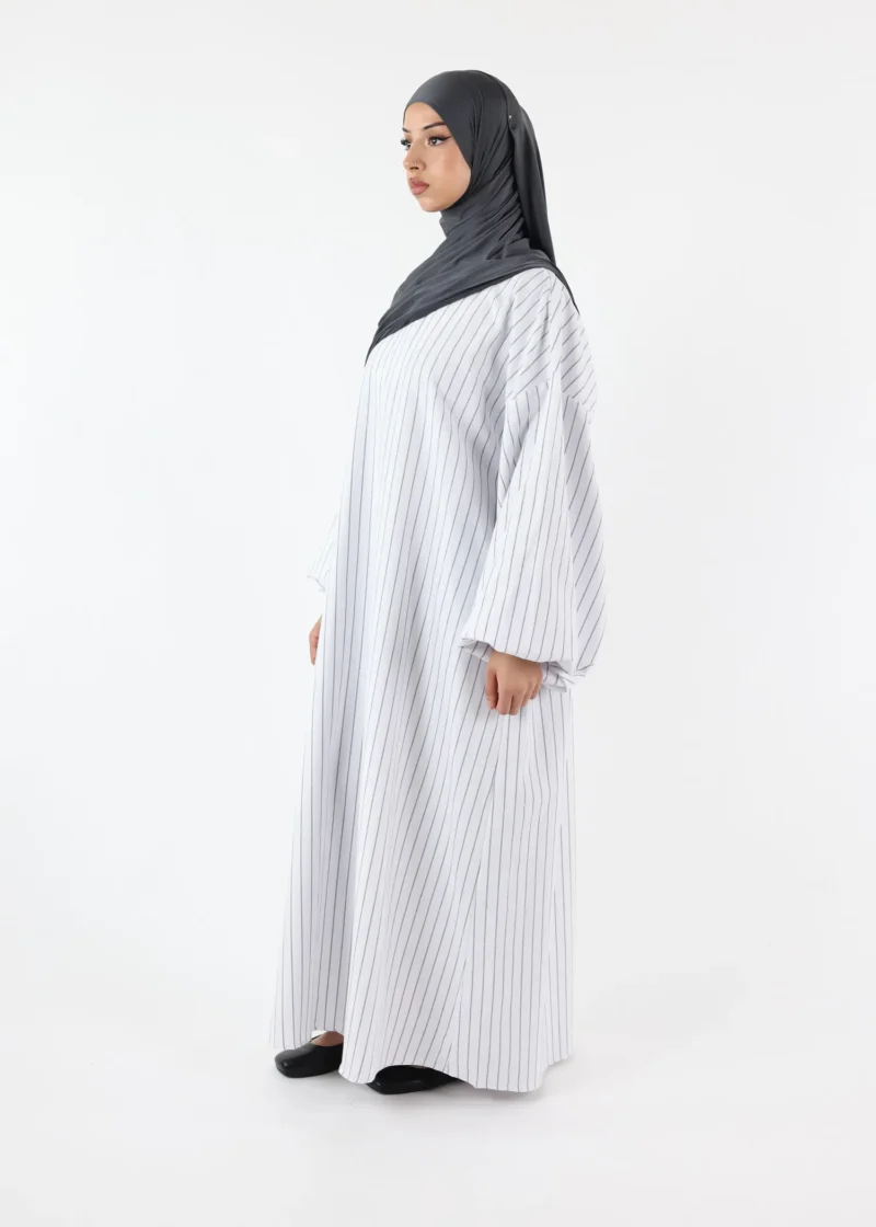 Striped Balloon Sleeve Dress Abaya – White