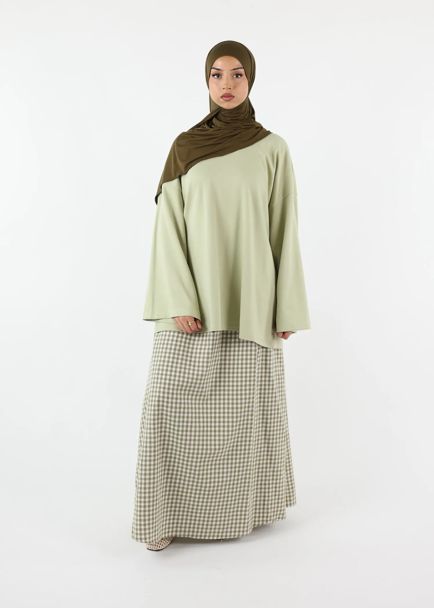 Modest Vichy Cotton Skirt - Olive