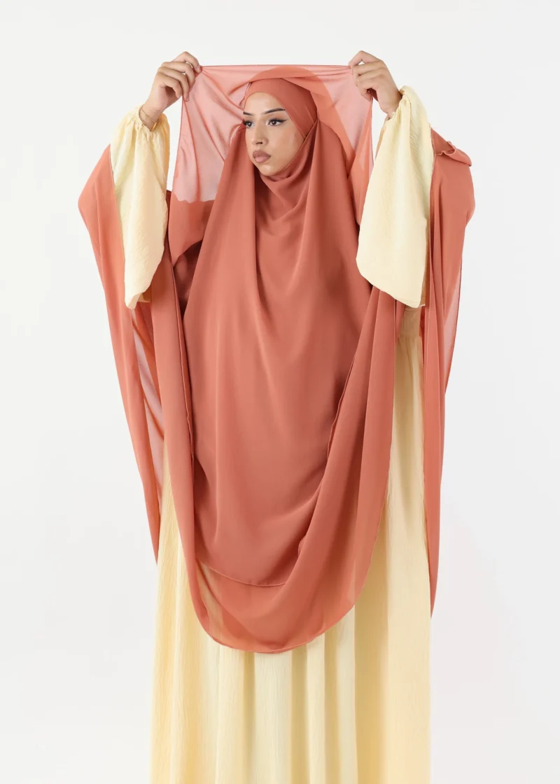 Alternative view of 2 Layer Khimar with Cape Chiffon Coral