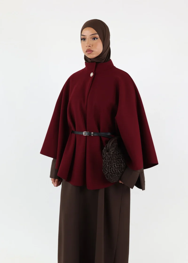 Belted Cape Poncho - Burgundy
