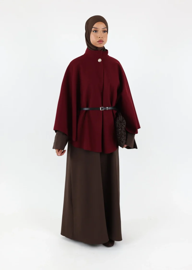 Belted Cape Poncho - Burgundy - Image 4