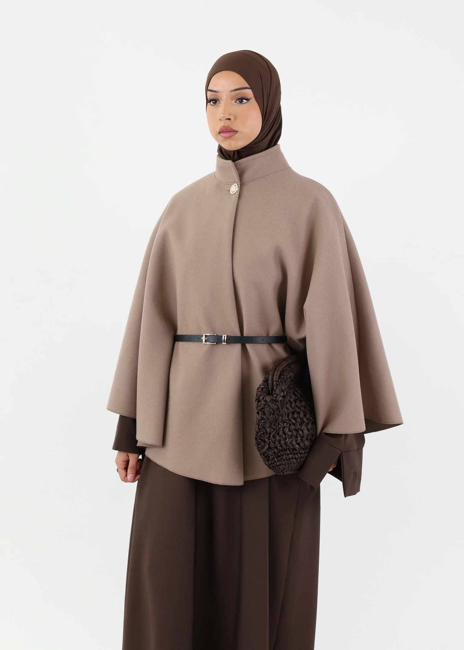 Belted Cape Poncho - Taupe