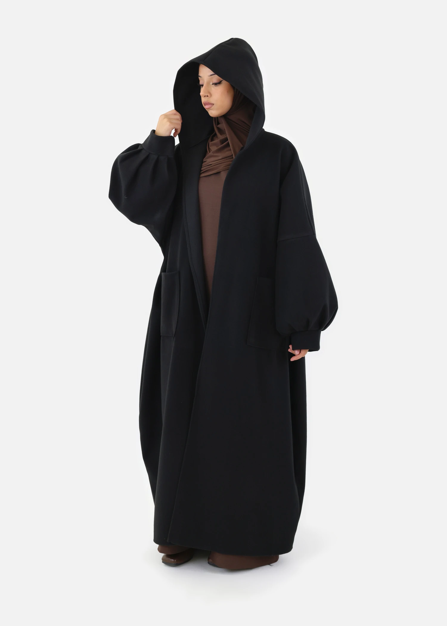 Oversized Hooded Kimono Coat - Black