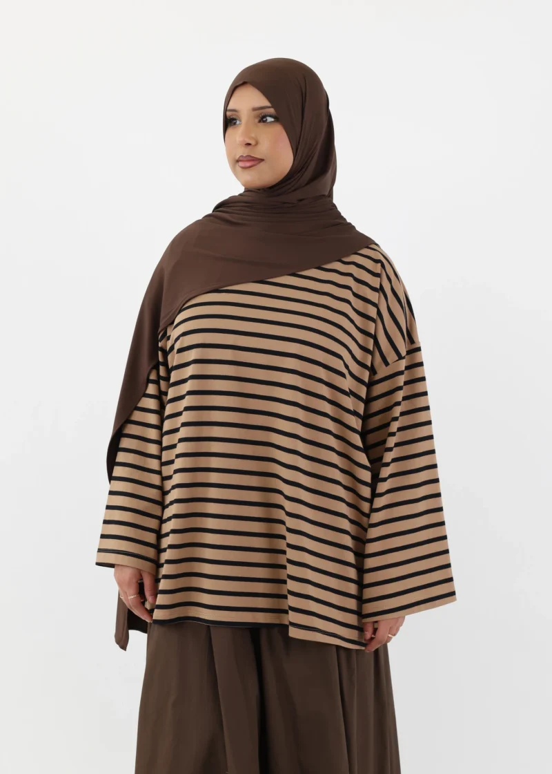 Modest Long Sleeve Striped Cotton T-Shirt – Mocha/Black