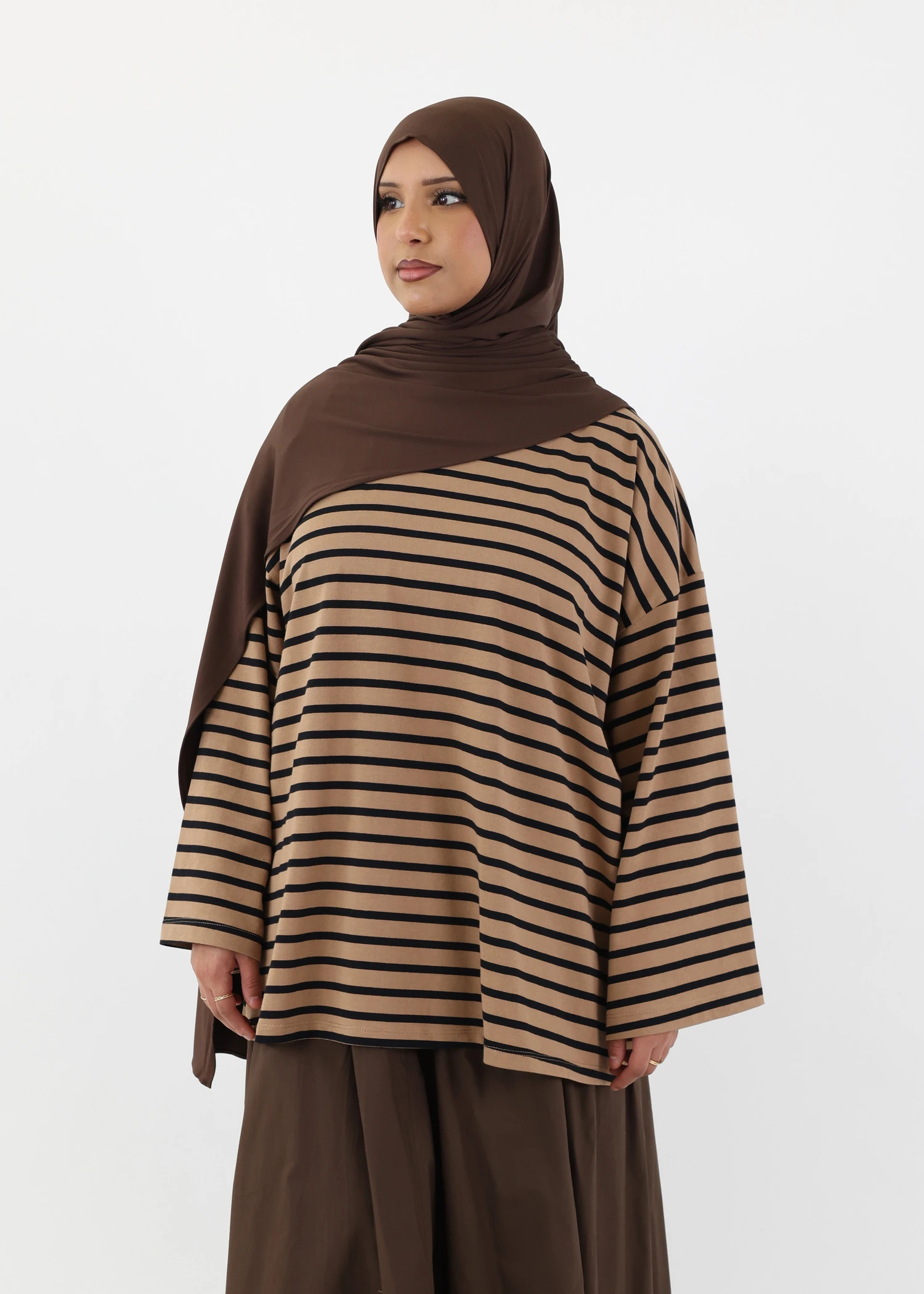Modest Long Sleeve Striped Cotton T-Shirt – Mocha/Black