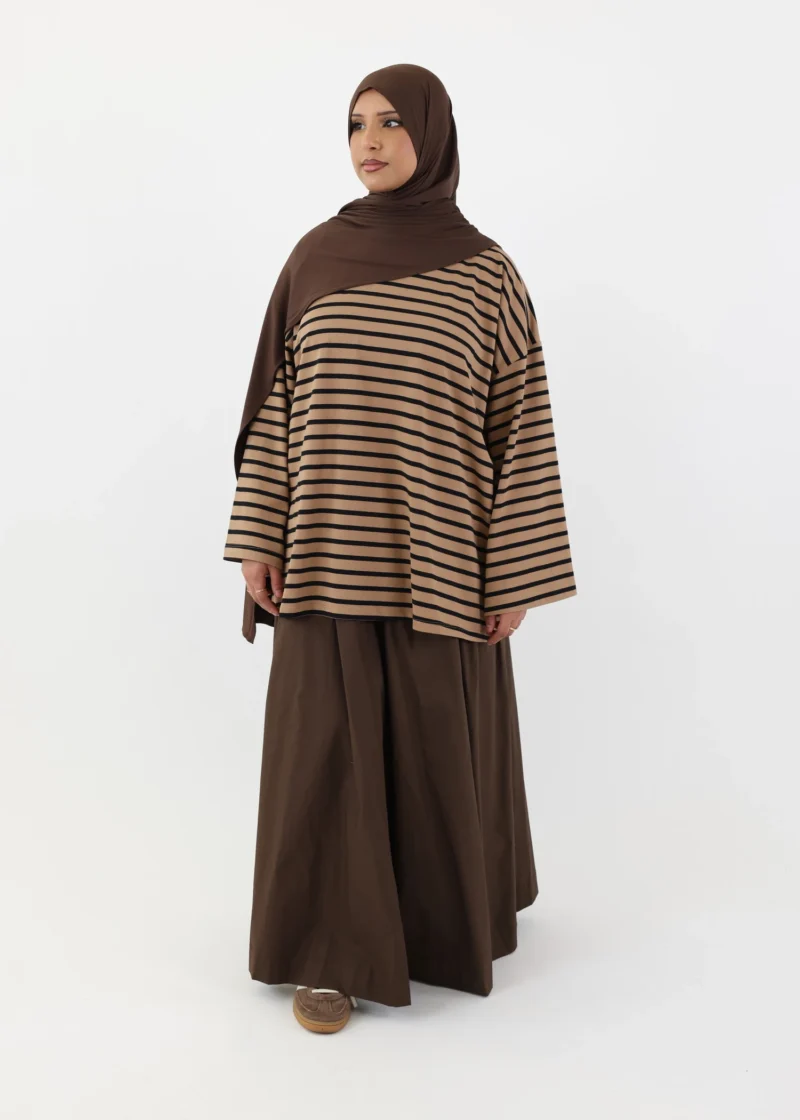 Alternative view of Modest Long Sleeve Striped Cotton T-Shirt – Mocha/Black