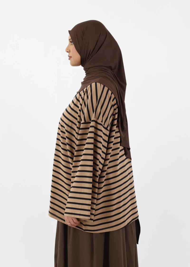 Modest Long Sleeve Striped Cotton T-Shirt – Mocha/Black - Image 3
