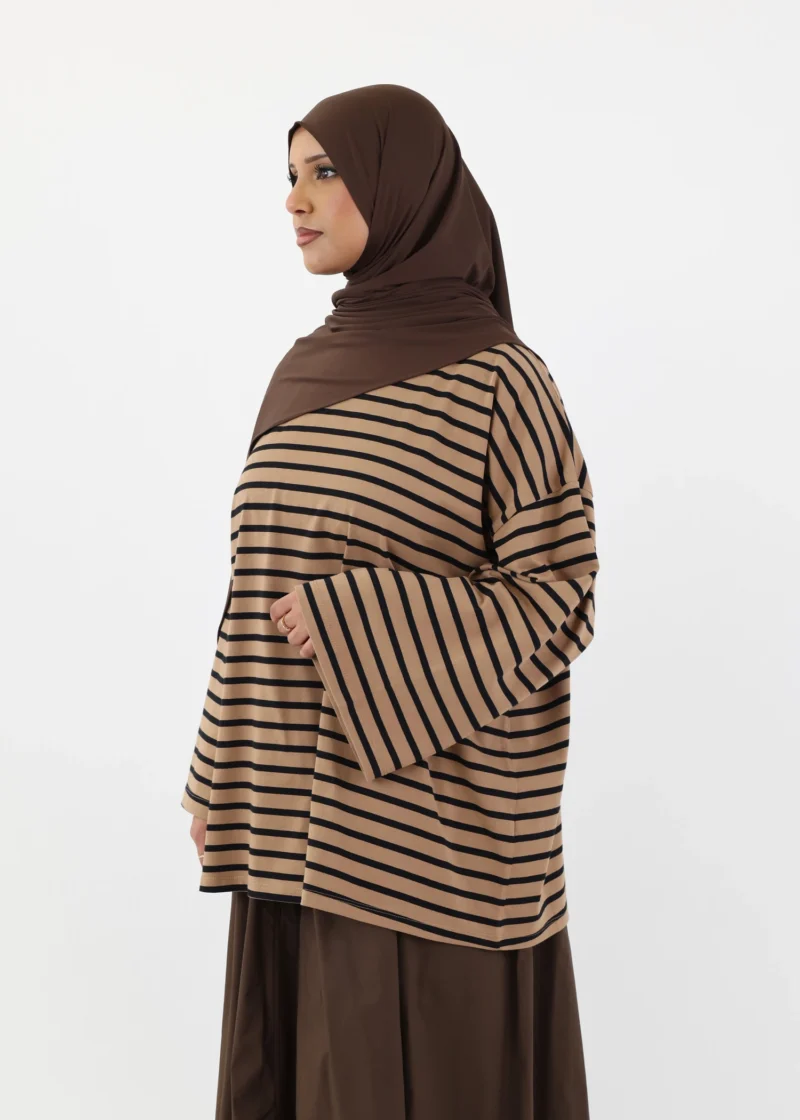 Modest Long Sleeve Striped Cotton T-Shirt – Mocha/Black - Image 4