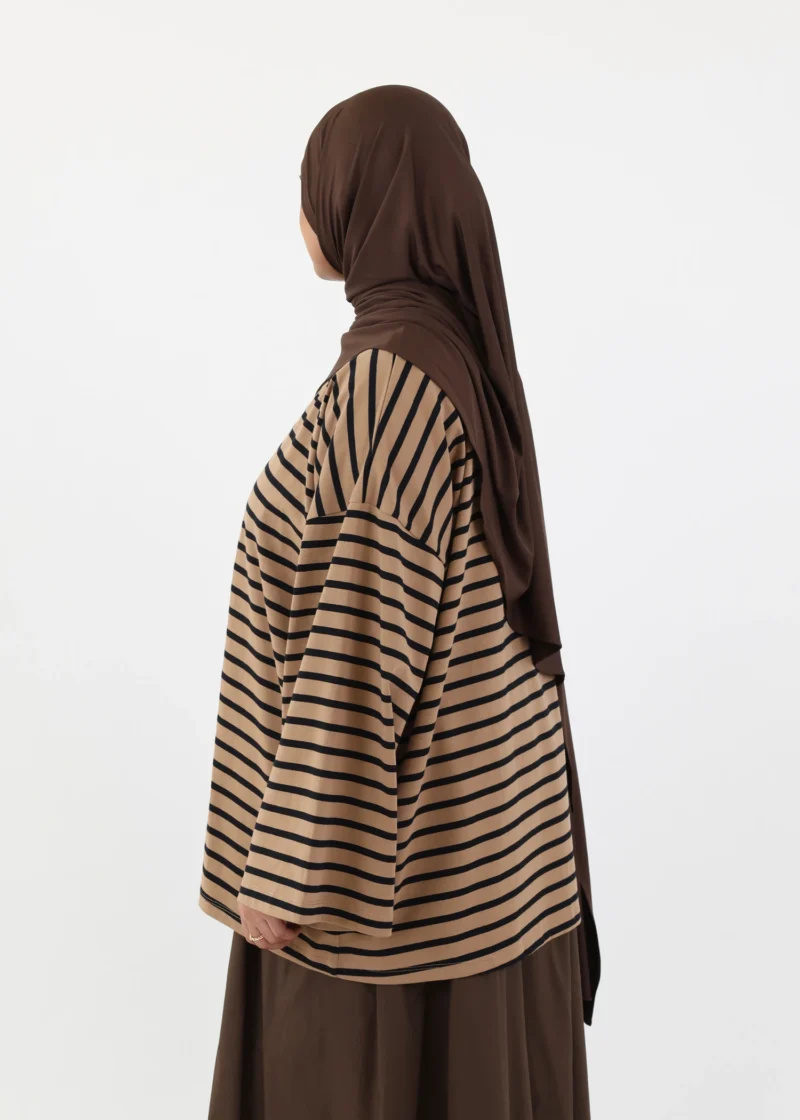 Modest Long Sleeve Striped Cotton T-Shirt – Mocha/Black - Image 5