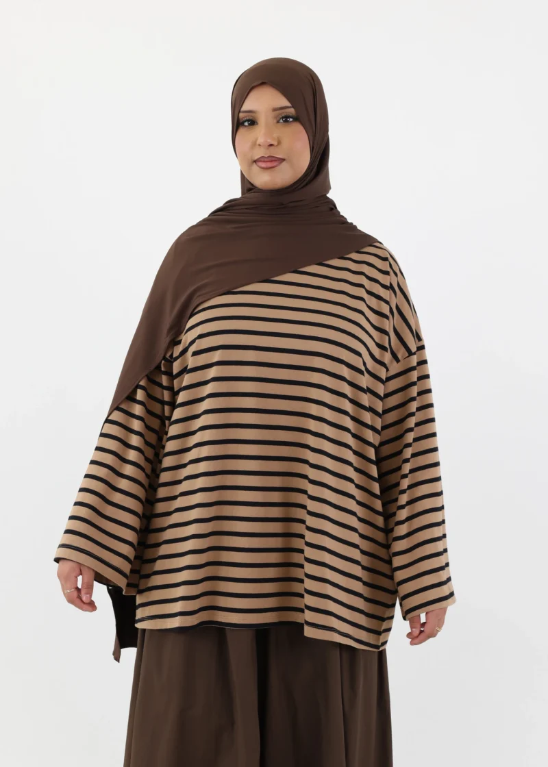Modest Long Sleeve Striped Cotton T-Shirt – Mocha/Black - Image 6