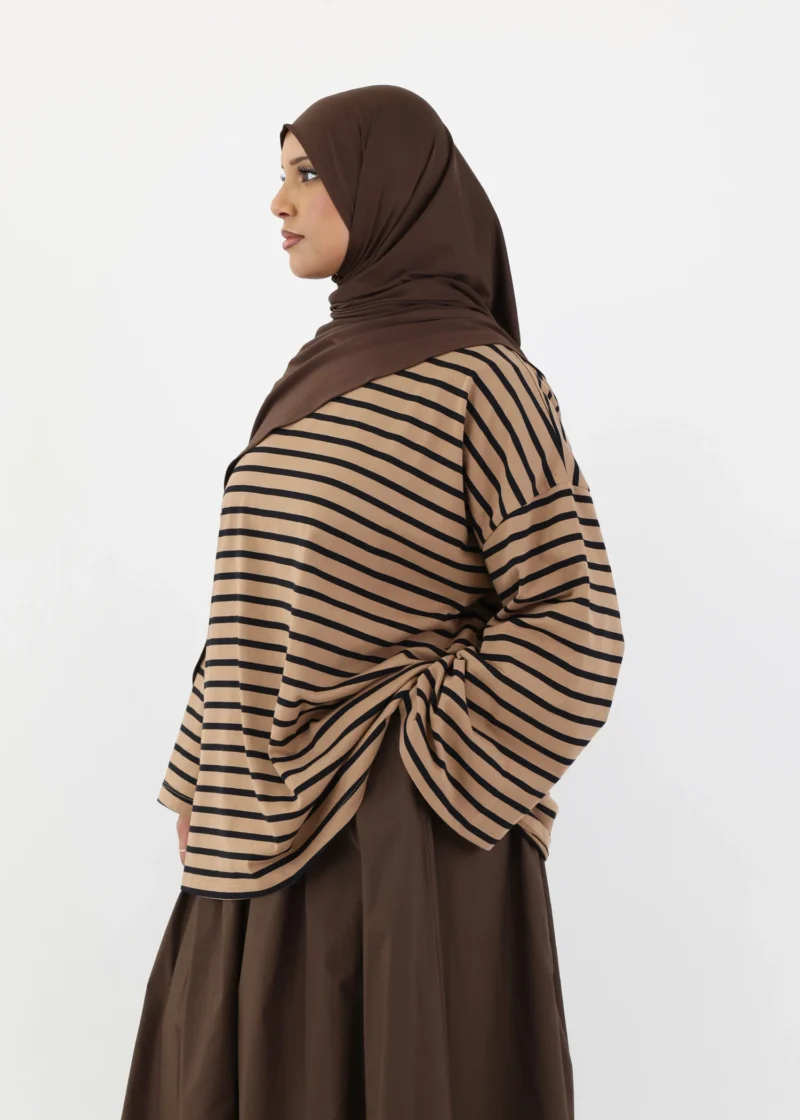 Modest Long Sleeve Striped Cotton T-Shirt – Mocha/Black - Image 7