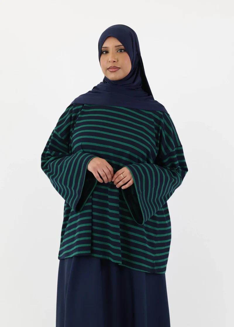 Modest Long Sleeve Striped Cotton T-Shirt – Navy/Green