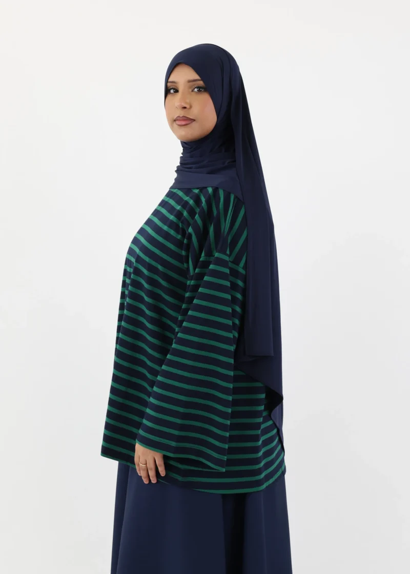 Modest Long Sleeve Striped Cotton T-Shirt – Navy/Green - Image 4